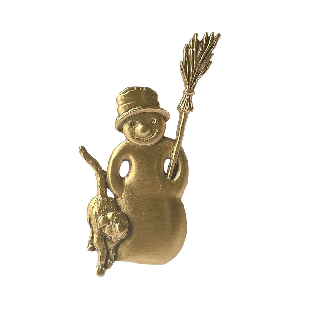 1980s MFA Boston Satin Gold Plated Holiday Snowman & Cat Pin